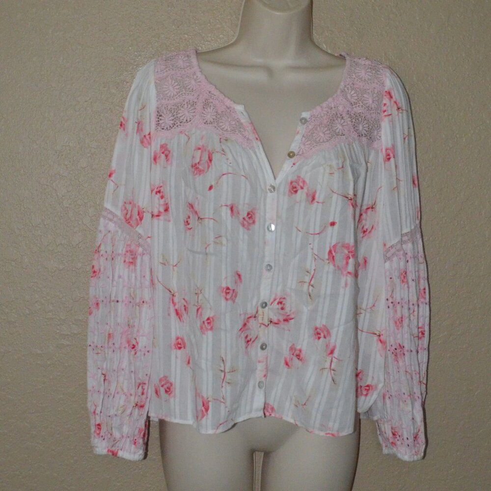 $290 Sz S LoveShackFancy Pink Floral Print Lilith Long Sleeve Blouse